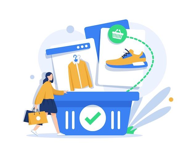 Vector basket and clothes purchase deliveryonline shopping concept