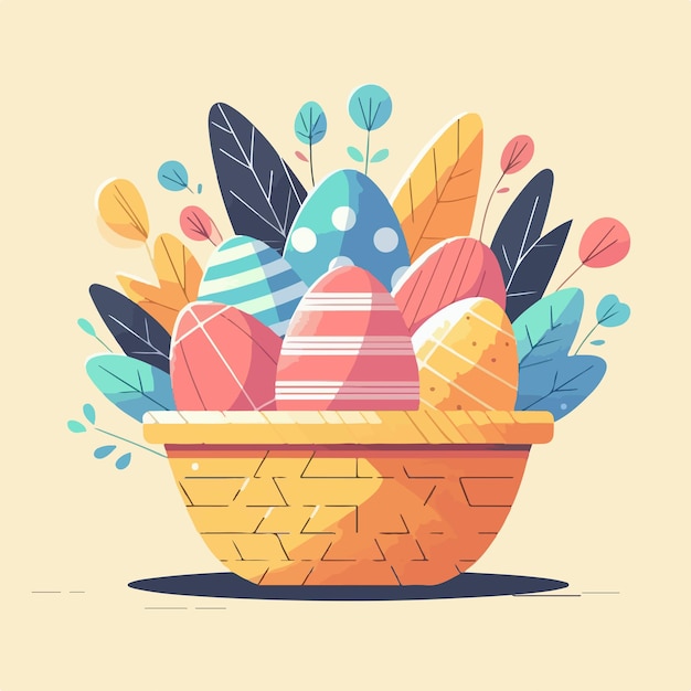 Vector a basket of easter eggs with a drawing of a bunny rabbit ears