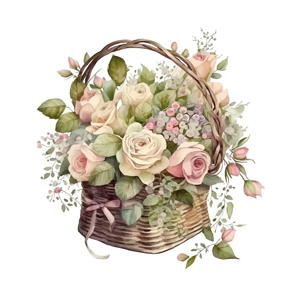 Vector a basket of flowers with a pink and white ribbon.