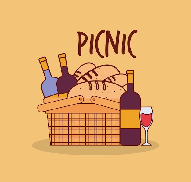 Корзина для пикника с бутылками и хлебом под дизайном надписи для пикника