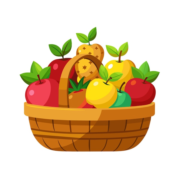 a basket of fruit with a picture of a basket of apples and leaves