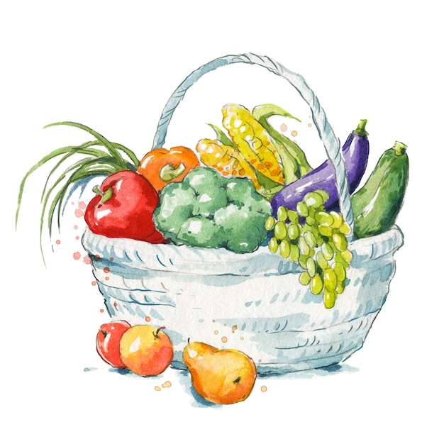 新鮮な果物や野菜の水彩イラストでいっぱいのバスケット