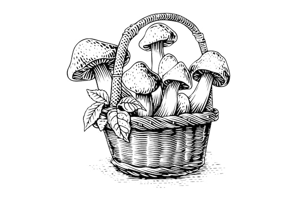 Vector basket full of mushrooms hand drawn ink sketch engraving vintage style vector illustration