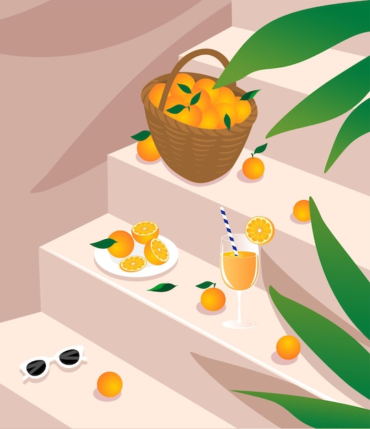 Basket of oranges on the stairs