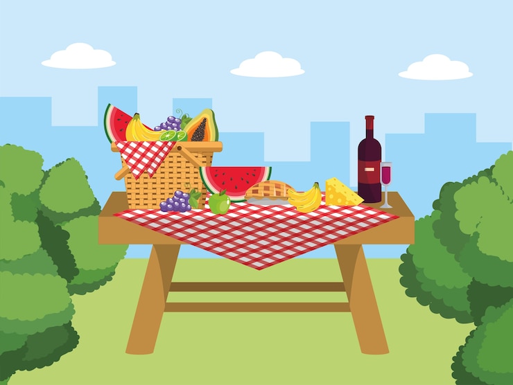 Vector basket in the table with wine and cheese food