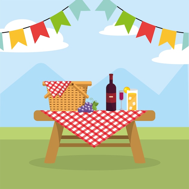 Vector basket in the table with wine and lemonade glass