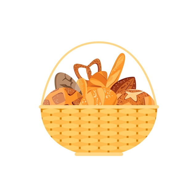 Vector basket with bread on a white background flat design