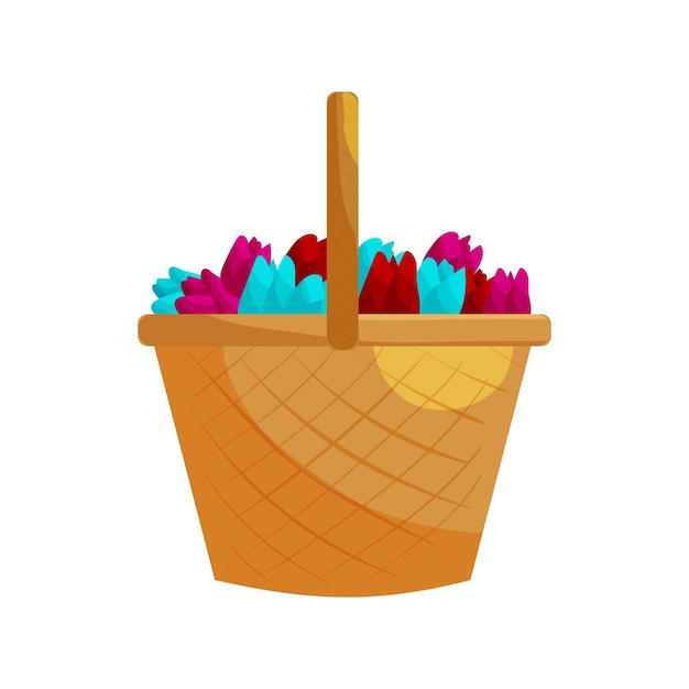 Basket with colorful tulips icon in cartoon style on a white background