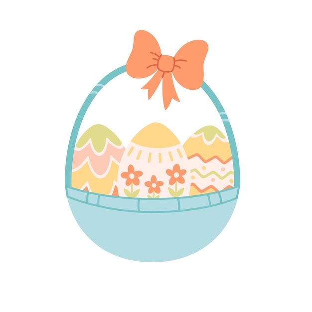 Vector basket with easter eggs flowers bow happy easter spring time vector illustration in flat style