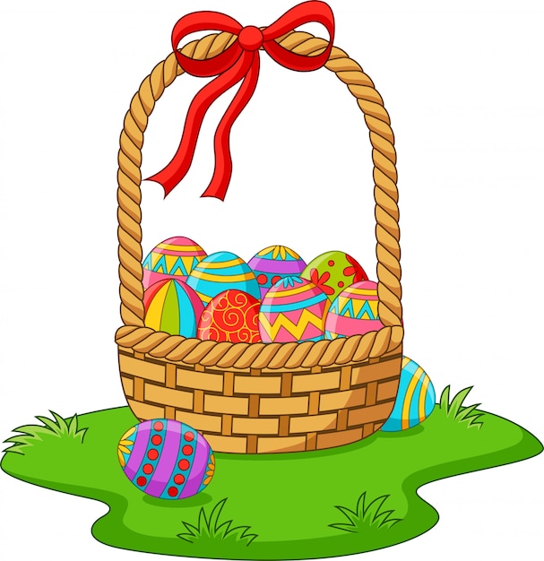 Vector basket with easter eggs in the grass