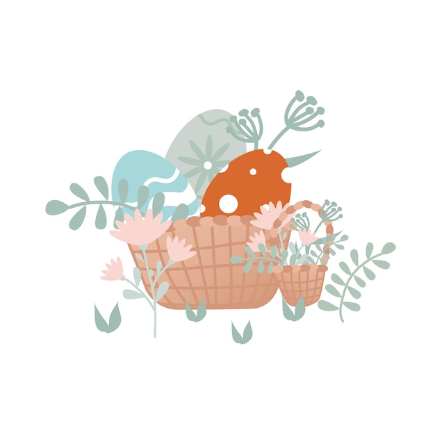 Vector basket with easter eggs illustration in retro style hand drawn