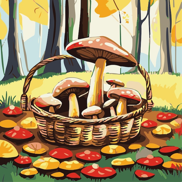 Vector basket with edible forest mushrooms colored autumn composition on forest background cartoon vector