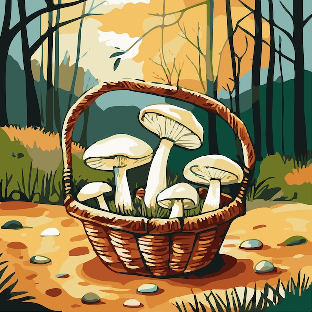 Vector basket with edible forest mushrooms colored autumn composition on forest background cartoon vector