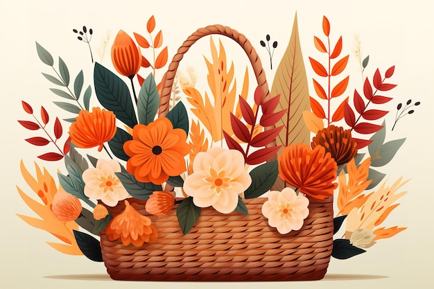 Basket with a flower bouquet illustration isolated on white background