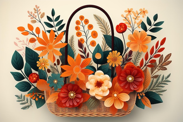 Basket with a flower bouquet illustration isolated on white background