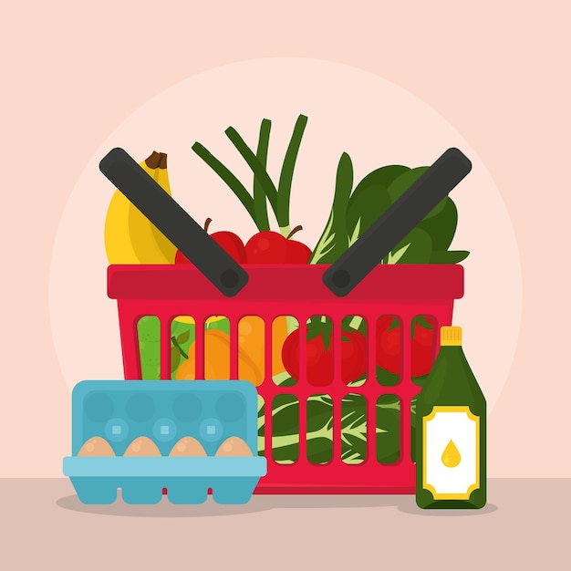 Basket with groceries and vegetables