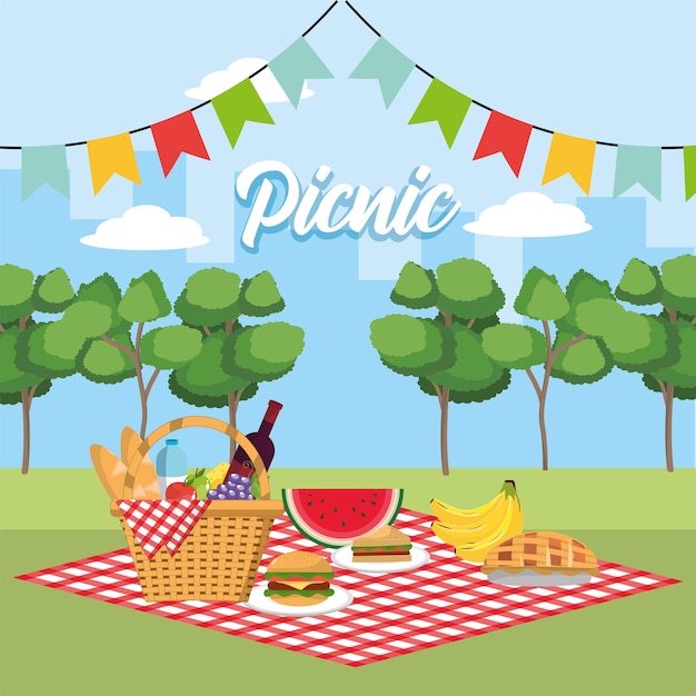 Vector basket with healthy fruits in the tablecloth and party flags