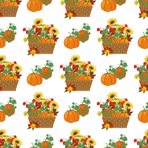 Vector basket with pumpkins, autumn leaves, physalis and yellow sunflowers on white background.