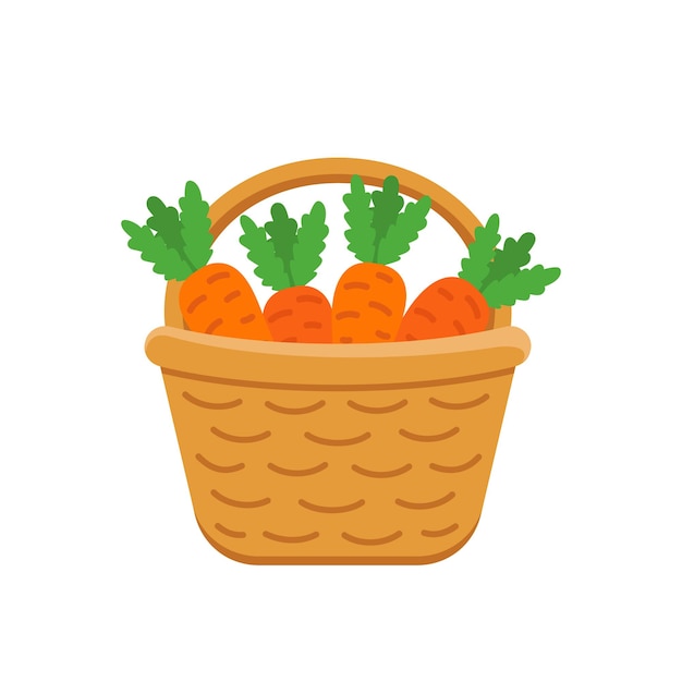 Корзина со спелой морковью Урожай овощей Плоский вектор иллюстрации