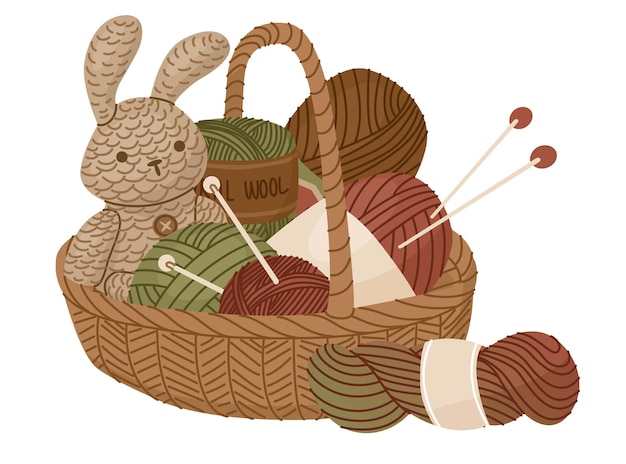 Vector basket with yarn knitting needles and a knitted toy rabbit concept vector illustration for home craft stores and postcard design world knitting day in public places