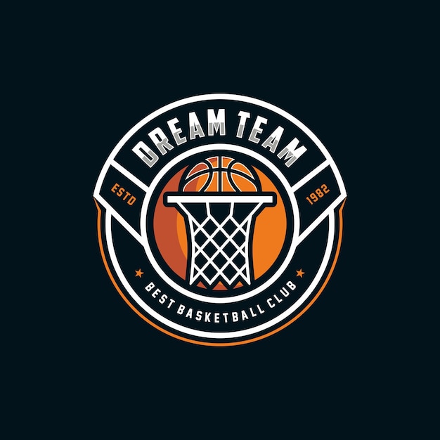Basketbal club logo Basketbal club embleem ontwerpsjabloon op donkere achtergrond