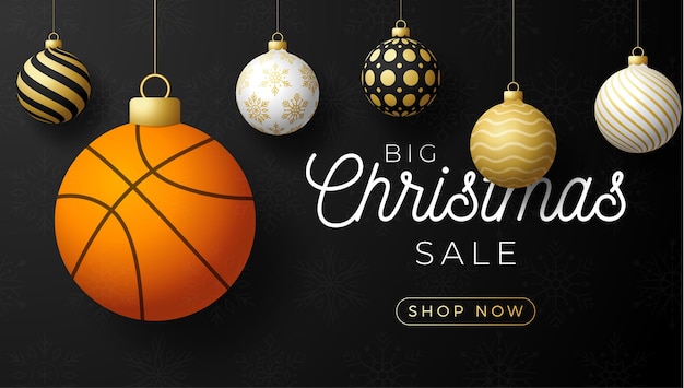 Basketbal kerstkaart. merry christmas sport wenskaart. hang op een draad basketbal bal als een kerstbal en gouden snuisterij op zwarte horizontale achtergrond. sport vectorillustratie.