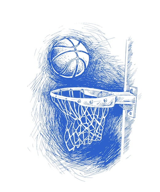 Basketbal mand geschoten hoepel spel hand getrokken schets vectorillustratie