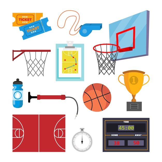 Basketbal pictogrammen instellen vector. sport basketbal symbool en accessoires. geïsoleerde platte cartoon