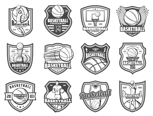 Basketbal sportbal en speler schild badges