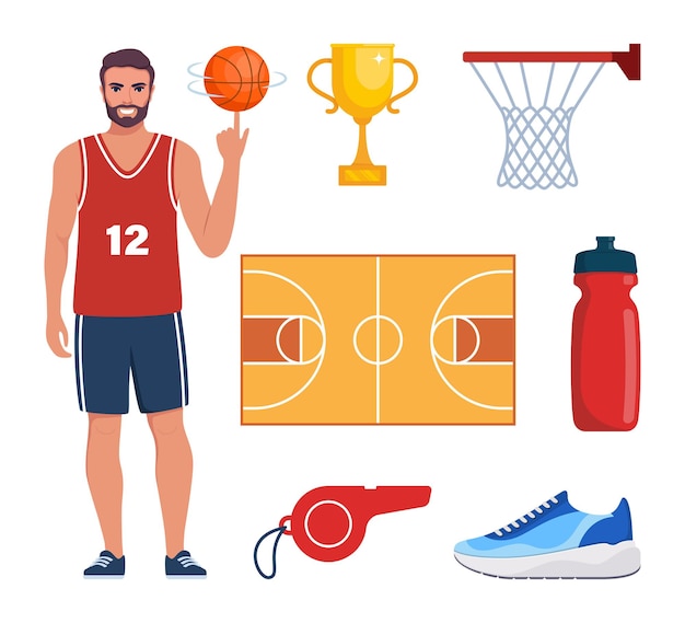 Basketbalelementen set Diverse uitrusting voor basketballen Basketbalspeler balmand sneakers