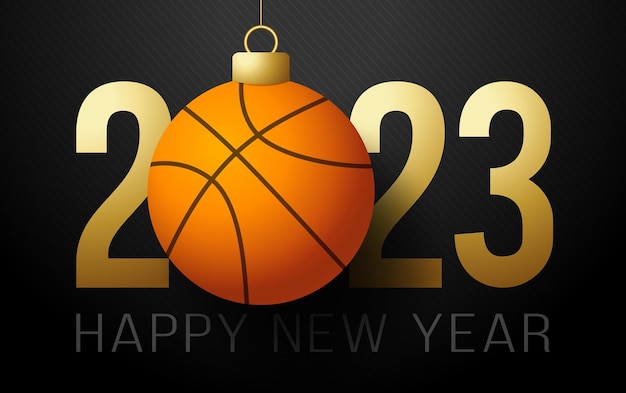 Basketball 2023 Happy New Year Sports greeting card with golden basketball ball on the luxury background Vector illustration