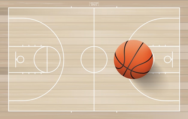 Sfera di pallacanestro nell'area del campo da basket. con fondo in legno. illustrazione vettoriale.