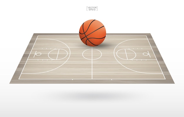 Sfera di pallacanestro nell'area del campo da basket. con fondo in legno. illustrazione vettoriale.