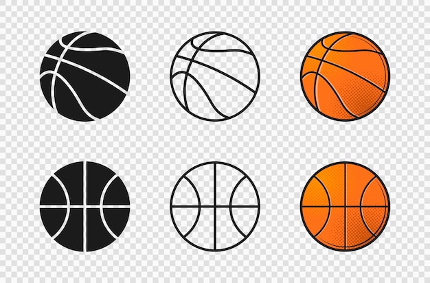 Vettore icone stabilite della sfera di pallacanestro. colore arancione, sagoma, forma a sfera di contorno. illustrazione vettoriale