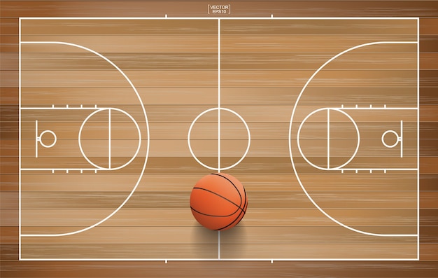 Vettore sfera di pallacanestro sul campo in legno.