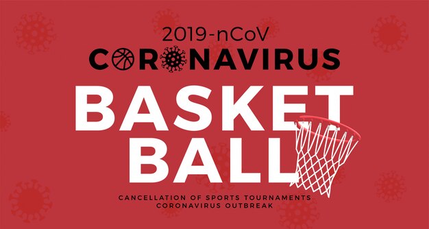 バスケットボールバナー注意コロナウイルス。 2019-ncovの発生を阻止します。コロナウイルスの危険性、公衆衛生上のリスク、インフルエンザの発生。スポーツイベントと試合のコンセプトのキャンセル