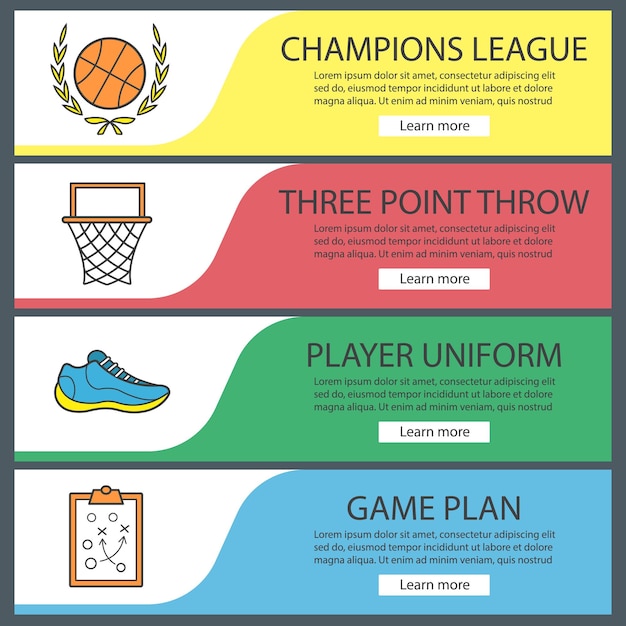 バスケットボールのバナーテンプレートを設定します。月桂樹の花輪、フープ、プレーヤーの靴、ゲームプランのボール。ウェブサイトのメニュー項目。カラーウェブバナー。ベクトルヘッダーのデザインコンセプト