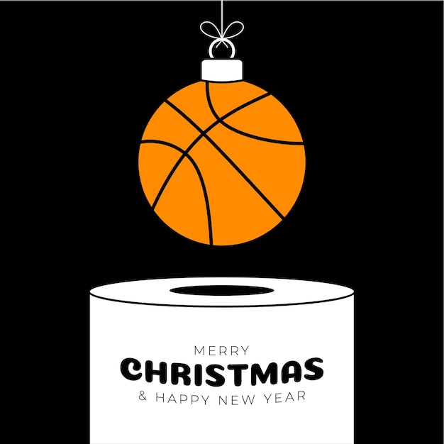 Vettore basket natale gingillo piedistallo merry christmas sport biglietto di auguri appendere su una palla da basket filo come una palla di natale sul podio bianco su sfondo nero sport trendy vector illustration