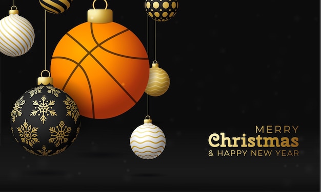 Cartolina di natale di basket. cartolina d'auguri di buon natale sportivo. appendi su una palla da basket di filo come una palla di natale e una pallina d'oro su sfondo nero orizzontale. illustrazione vettoriale di sport.