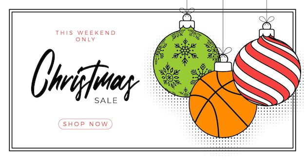 Vettore cartolina d'auguri di natale di basket in stile linea alla moda buon natale e felice anno nuovo cartone animato sport banner palla da basket come una palla di natale su sfondo bianco illustrazione vettoriale