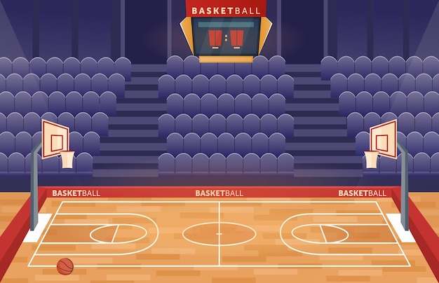向量篮球场竞技场,卡通空荡荡的大厅现场打篮球的团队游戏