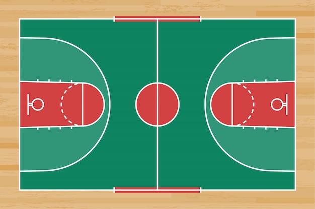 ウッドの背景の線のパターンを持つバスケットボールコートの床。