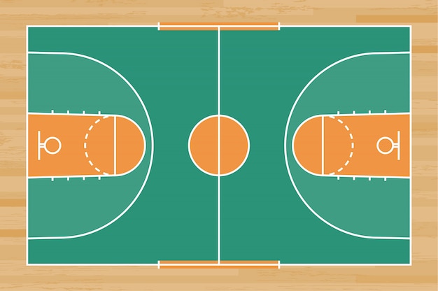 Vector basketball court floor with line pattern on wood background.