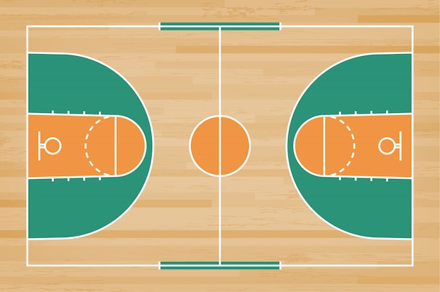 Pavimento del campo da pallacanestro con la linea modello su fondo di legno.