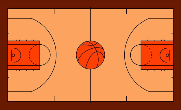 Vettore campo da basket con marcatura a linea nera palla per il gioco illustrazione vettoriale su sfondo arancione