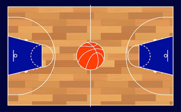 Campo da basket con linea di marcatura parco giochi realistico vista dall'alto pavimento in legno duro vettore piatto