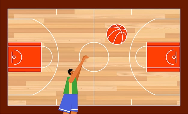 Vettore campo da basket parquet in legno con giocatore bambino o uomo adulto palla per giocare illustrazione vettoriale