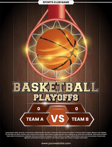 Basketball hoop and ball sport flyer poster design with wood background