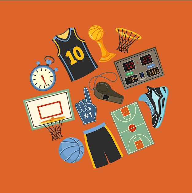 Circolo di icone del basket attrezzatura di gioco del basket anello e palla tabella di punteggio fischietto e cronometro set di illustrazioni vettoriali