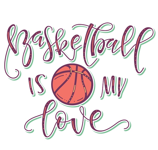 Баскетбол моя любовь цветной текст с мячом, изолированные на белом фоне